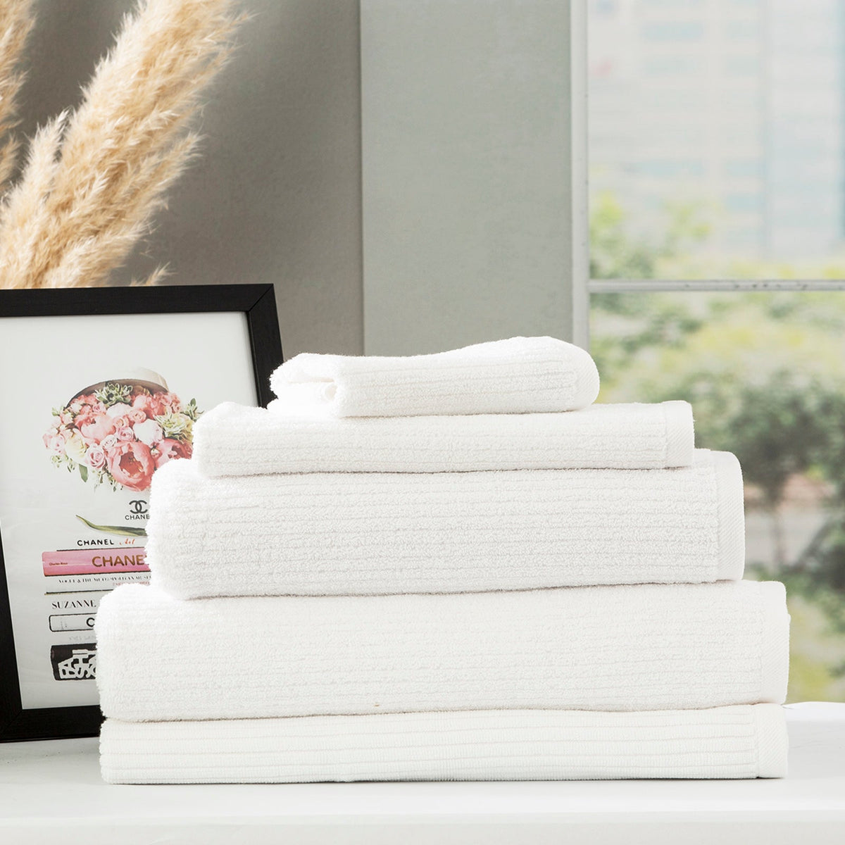 Renee Taylor Cobblestone 650 GSM Ribbed Cotton Towels - White (Bath, Hand & Face Towel/Bath Sheet & Bath Mat)