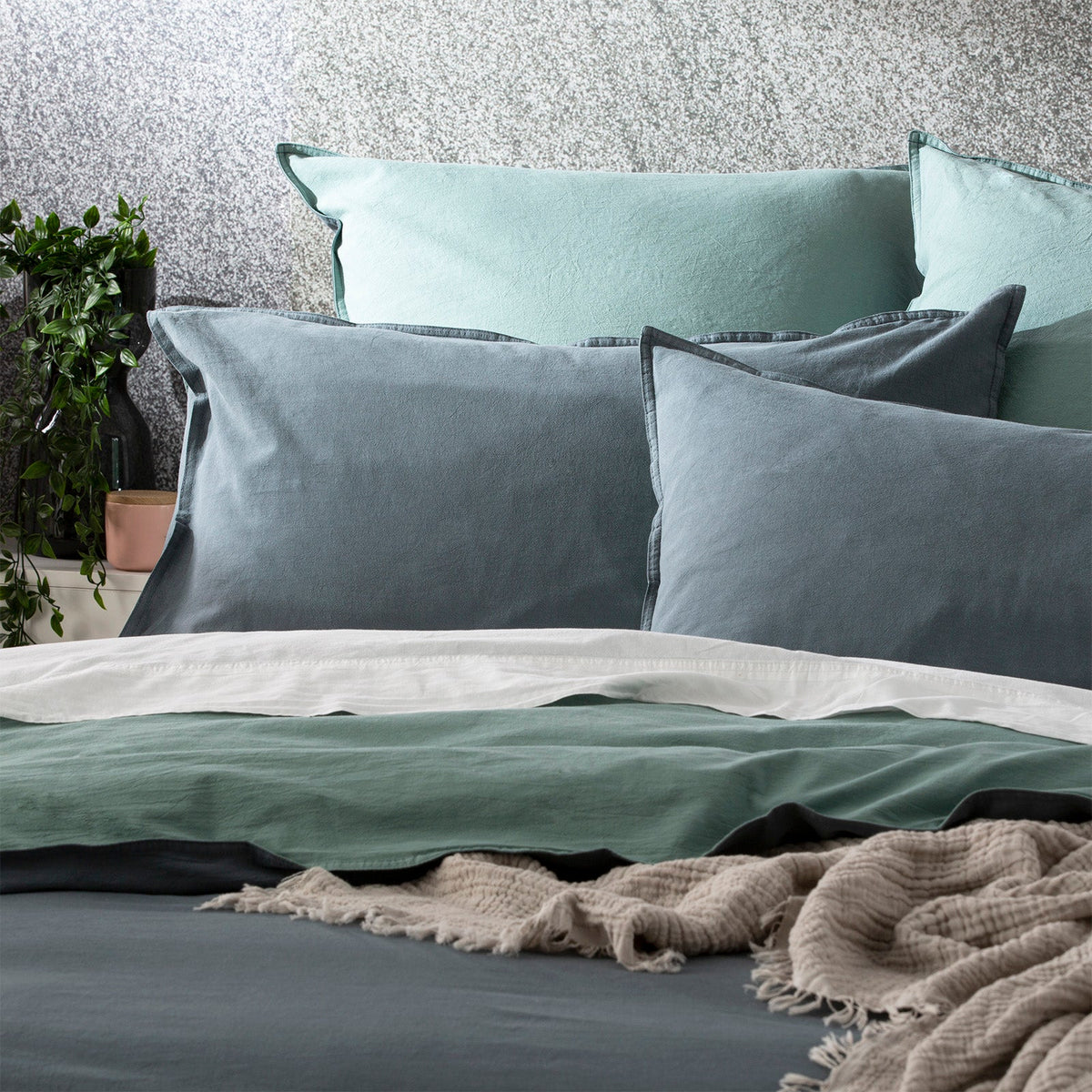 Renee Taylor Essentials Vintage Stonewashed Cotton Reversible Quilt Cover Set - Mineral (OEKO-TEX Certified)