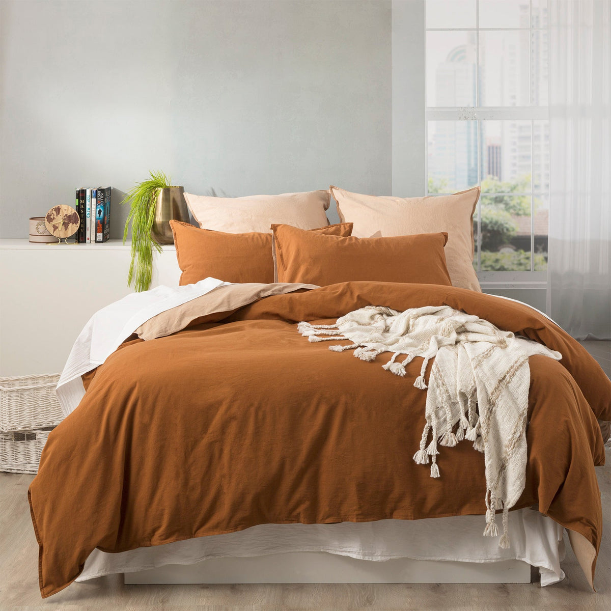Renee Taylor Essentials Vintage Stonewashed Cotton Reversible Quilt Cover Set - Wood (OEKO-TEX Certified)