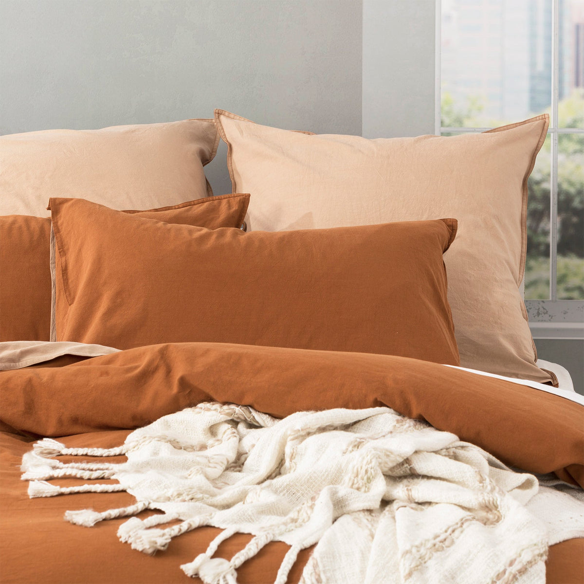 Renee Taylor Essentials Vintage Stonewashed Cotton Reversible Quilt Cover Set - Wood (OEKO-TEX Certified)