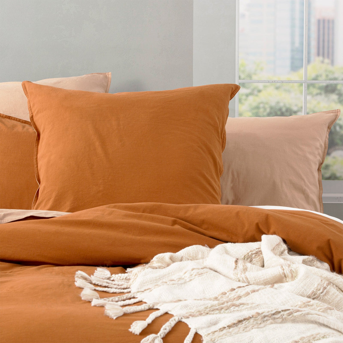 Renee Taylor Essentials Vintage Stonewashed Cotton Reversible Quilt Cover Set - Wood (OEKO-TEX Certified)