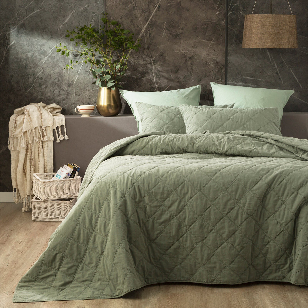 Renee Taylor Attwood Stonewashed Cotton Quilted Coverlet Set - Fern (OEKO-TEX Certified Bedspread)
