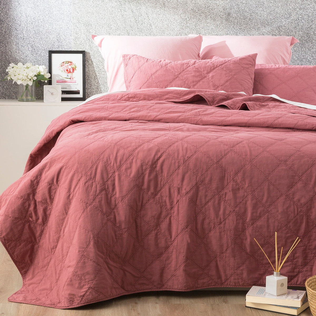 Renee Taylor Attwood Stonewashed Cotton Quilted Coverlet Set - Rose (OEKO-TEX Certified Bedspread)