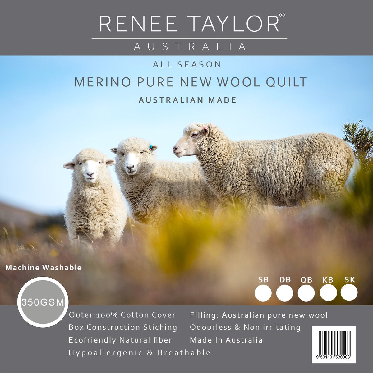 Renee Taylor Australian Pure Merino Wool Kids Quilt (350 GSM, Cotton Percale Casing)