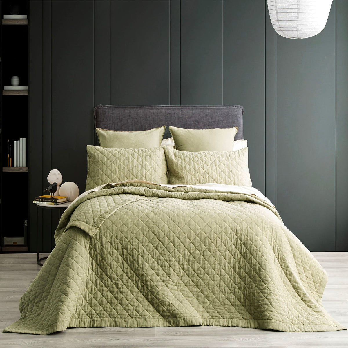 Renee Taylor Cavallo Stonewashed French Linen Quilted Coverlet Set - Jade (OEKO-TEX Certified Bedspread)