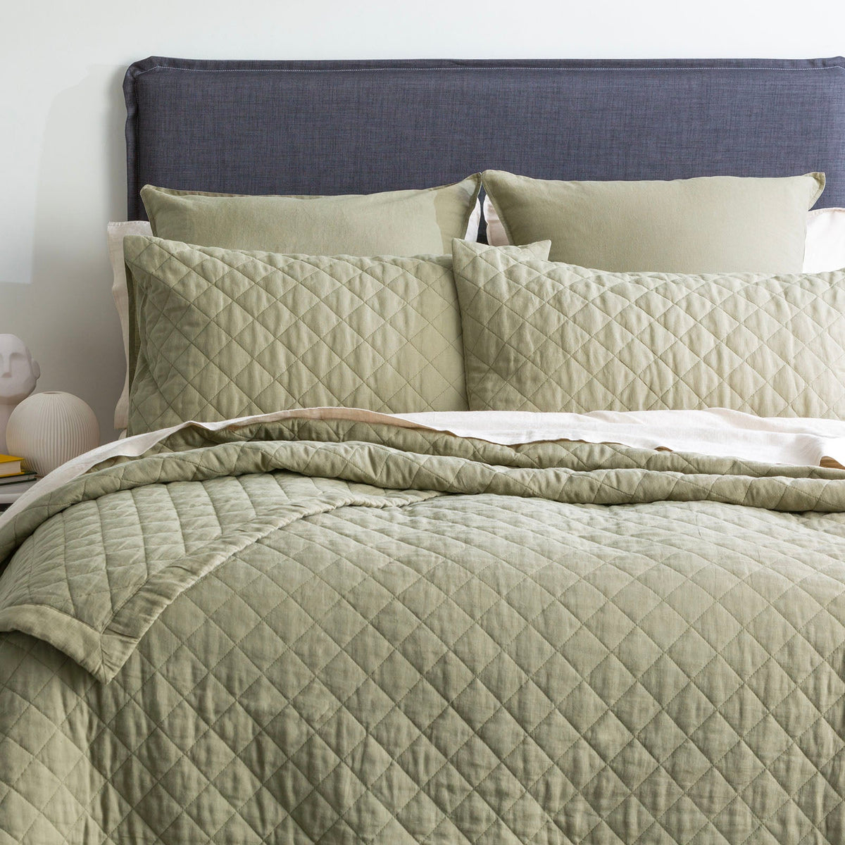 Renee Taylor Cavallo Stonewashed French Linen Quilted Coverlet Set - Jade (OEKO-TEX Certified Bedspread)