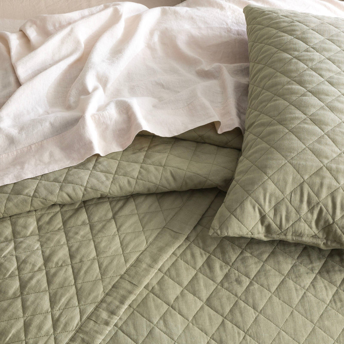 Renee Taylor Cavallo Stonewashed French Linen Quilted Coverlet Set - Jade (OEKO-TEX Certified Bedspread)