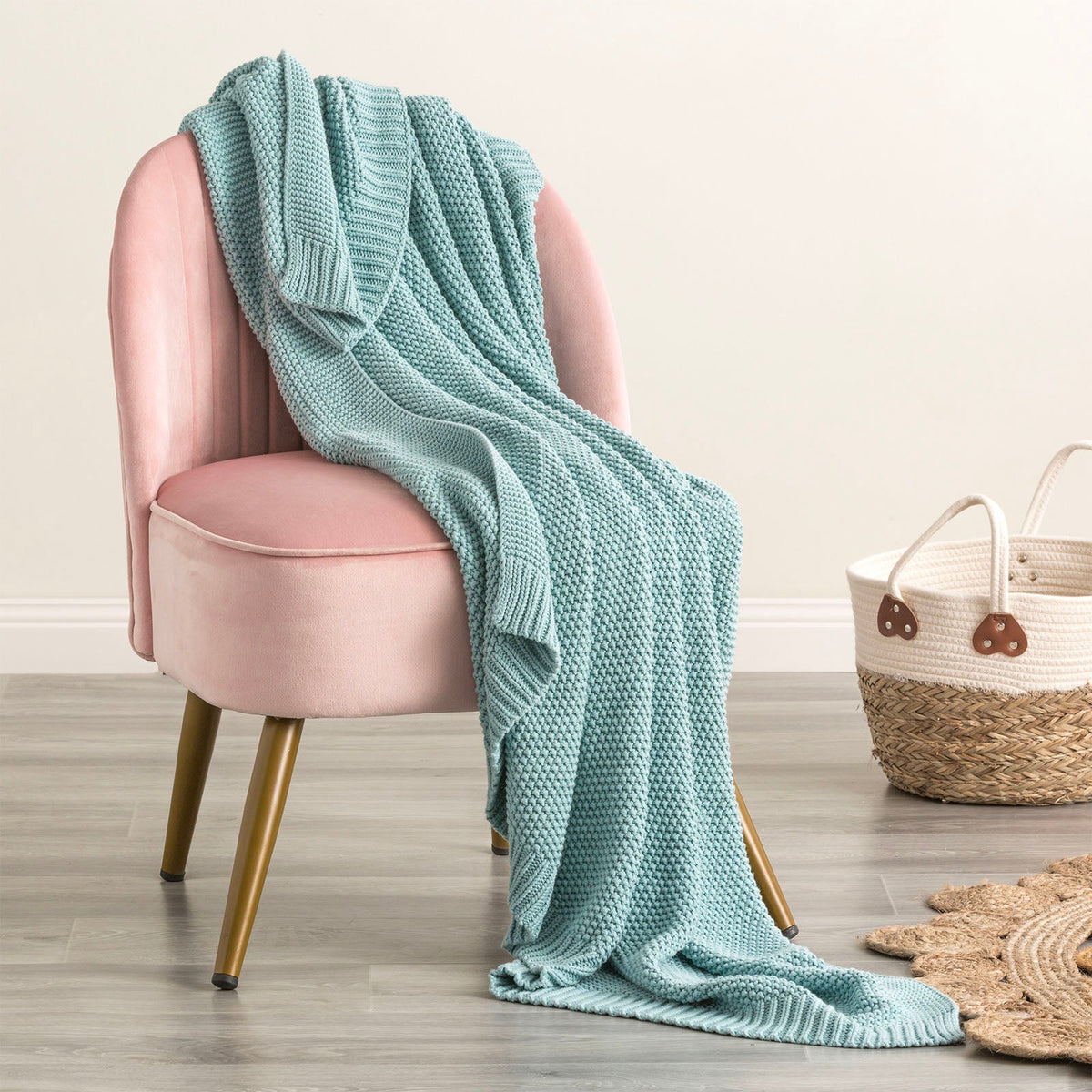 Renee Taylor Moss Seed Stitch Knit Cotton Decorative Throw Blanket - French Blue (130 x 170cm)