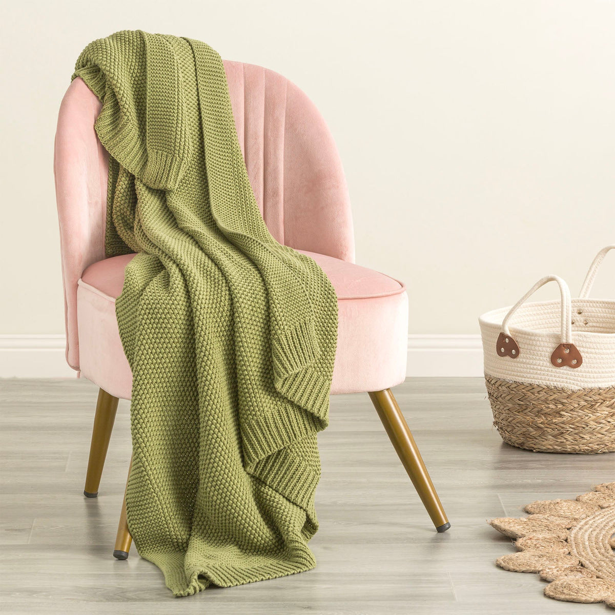 Renee Taylor Kids Moss Seed Stitch Knit Cotton Decorative Throw Blanket - Sage (130 x 170cm)