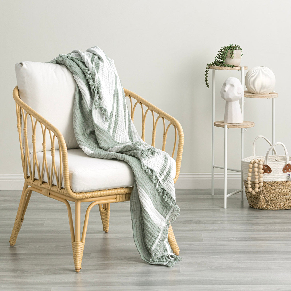 Renee Taylor Ray Striped Vintage Washed Cotton Decorative Throw Blanket - Pistachio (130 x 200cm)