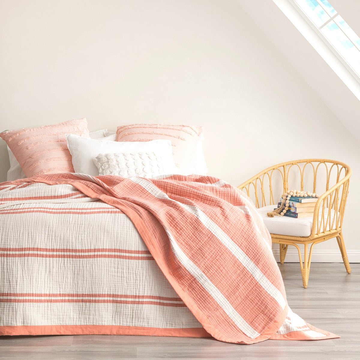 Renee Taylor Brighton Washed Cotton Muslin Stripe Blanket - Mystic (OEKO-TEX Certified)