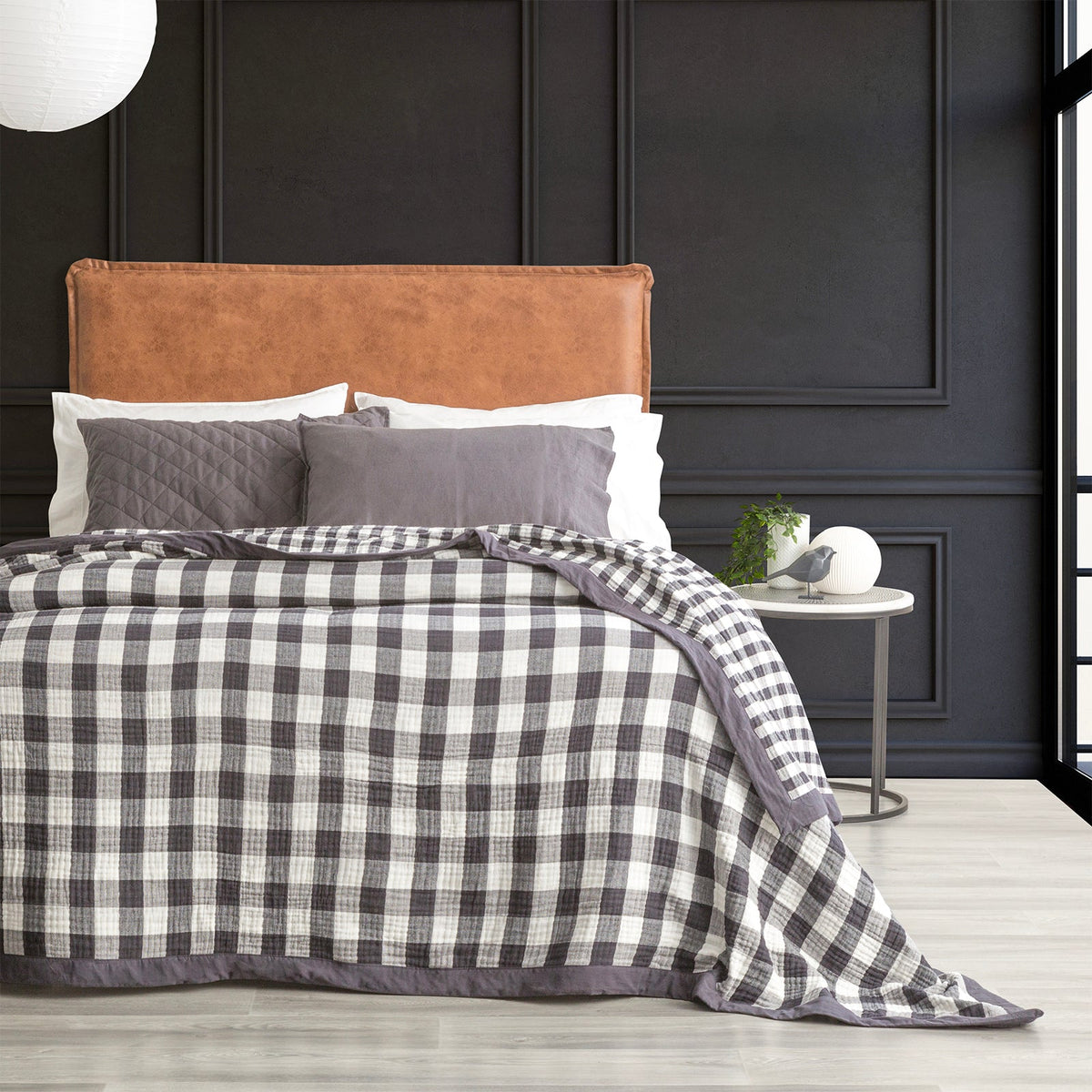 Renee Taylor Gingham Washed Cotton Muslin Reversible Blanket - Ash (OEKO-TEX Certified)