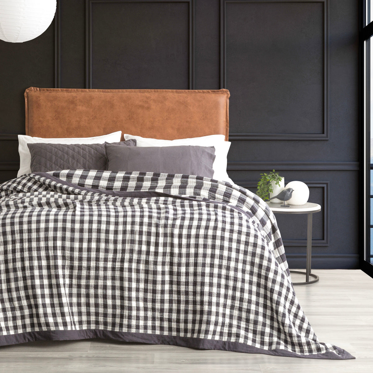 Renee Taylor Gingham Washed Cotton Muslin Reversible Blanket - Ash (OEKO-TEX Certified)