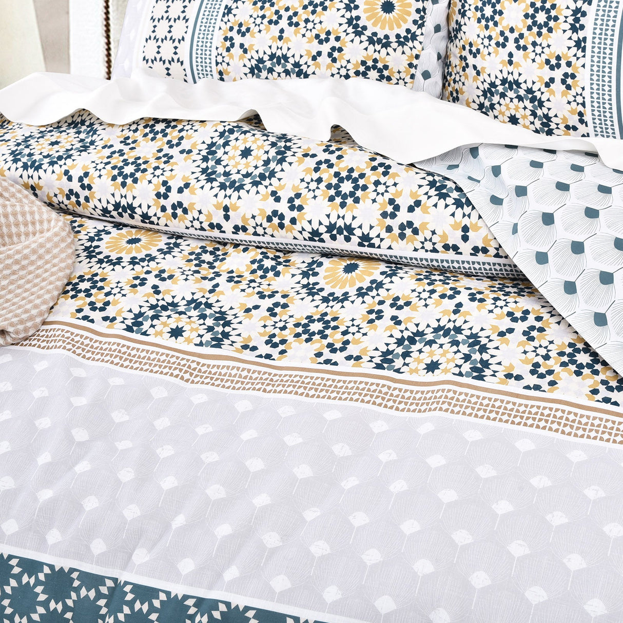 Renee Taylor Benitta 300TC Cotton Reversible Quilt Cover Set - Indigo (OEKO-TEX Certified)