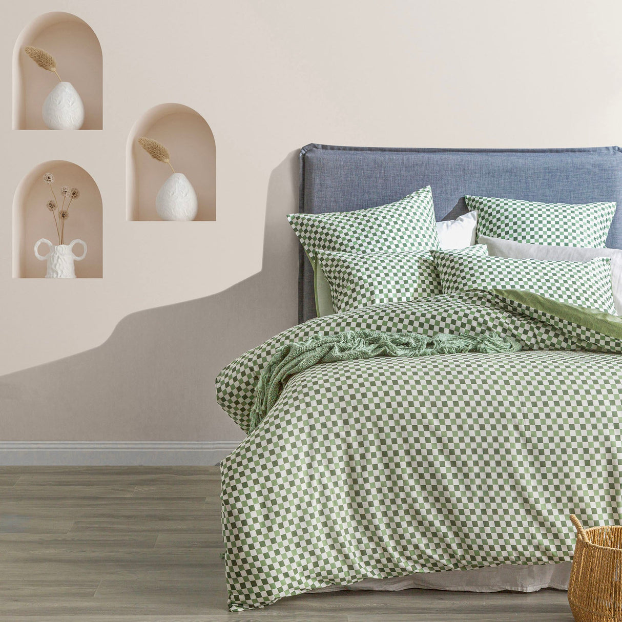 Renee Taylor Chessboard 300TC Cotton Reversible Quilt Cover Set - Sage (OEKO-TEX Certified)