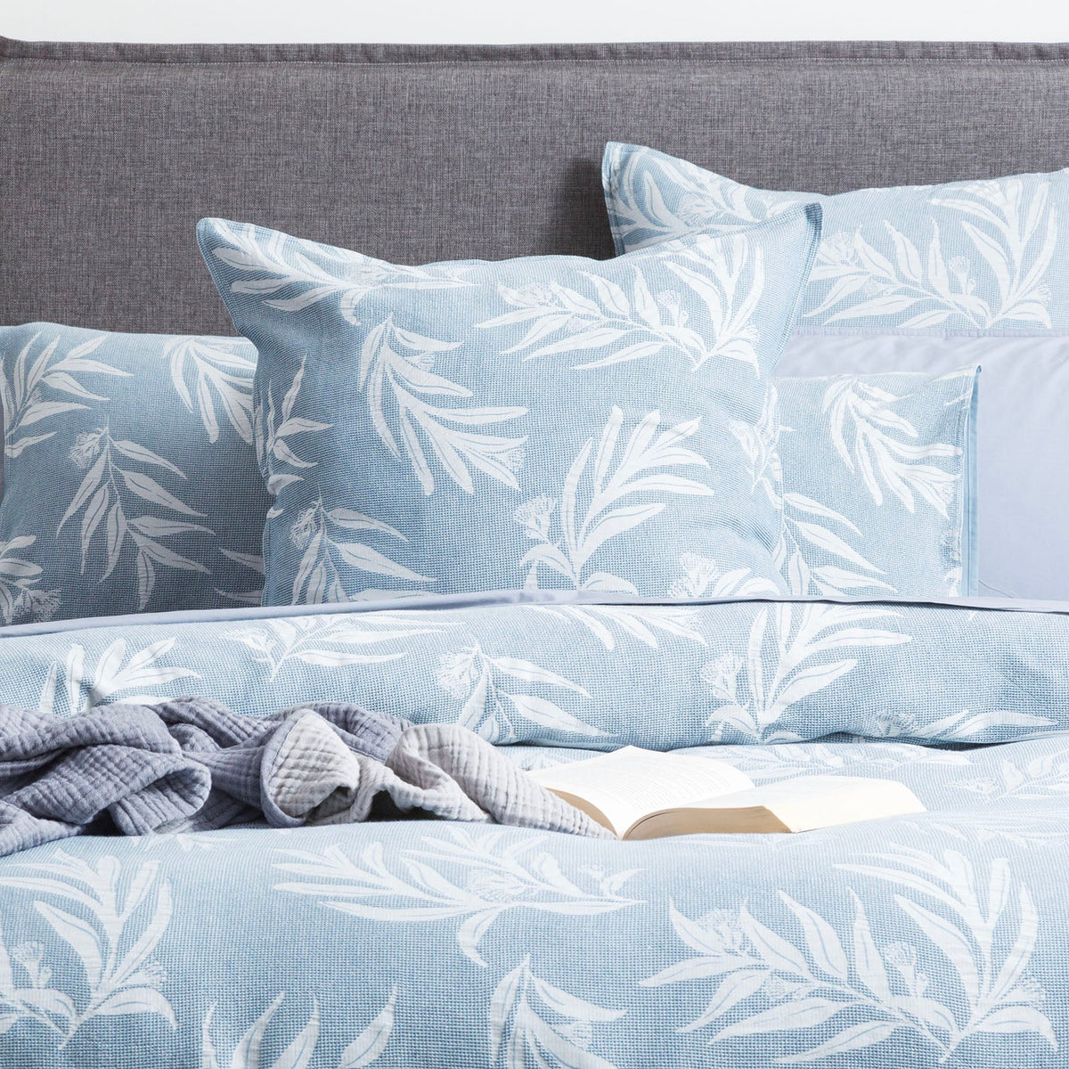 Renee Taylor Native Floral Cotton Jacquard Quilt Cover Set - French Blue (OEKO-TEX Certified)