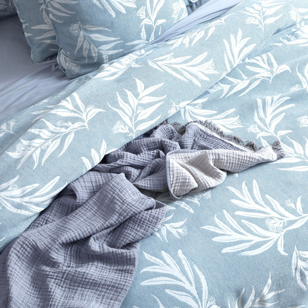 Renee Taylor Native Floral Cotton Jacquard Quilt Cover Set - French Blue (OEKO-TEX Certified)