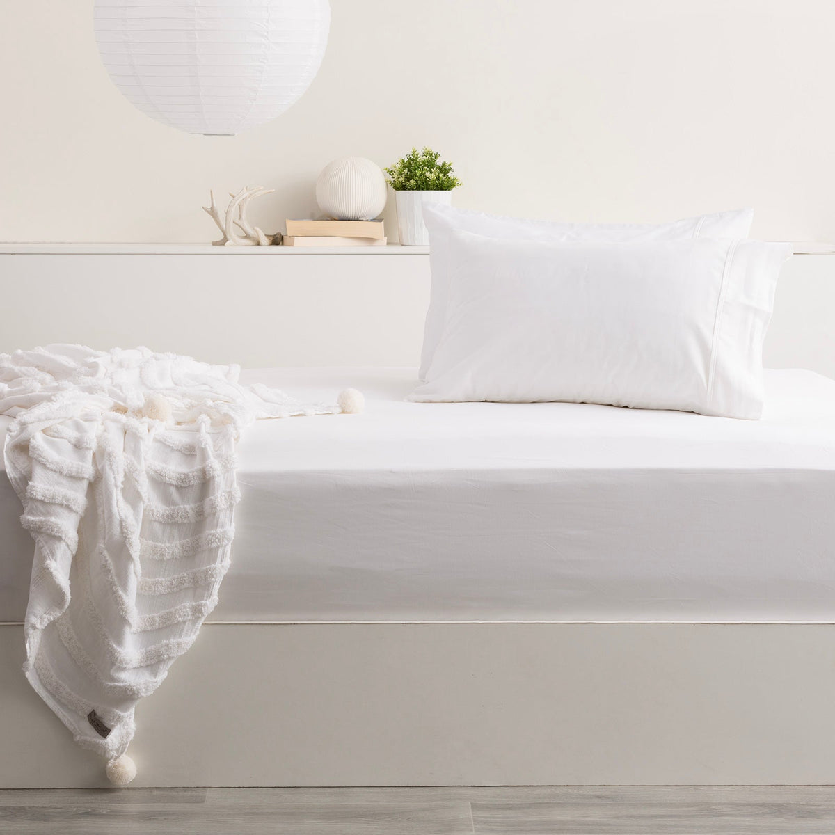 Park Avenue 500TC Natural Bamboo Cotton Fitted Sheet & Pillowcase Set - White (Anti-Wrinkle Satin Finish)