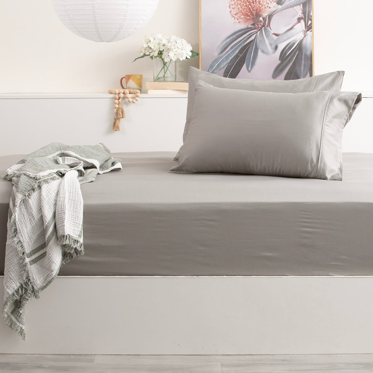 Park Avenue 500TC Natural Bamboo Cotton Fitted Sheet & Pillowcase Set - Charcoal (Anti-Wrinkle Satin Finish)