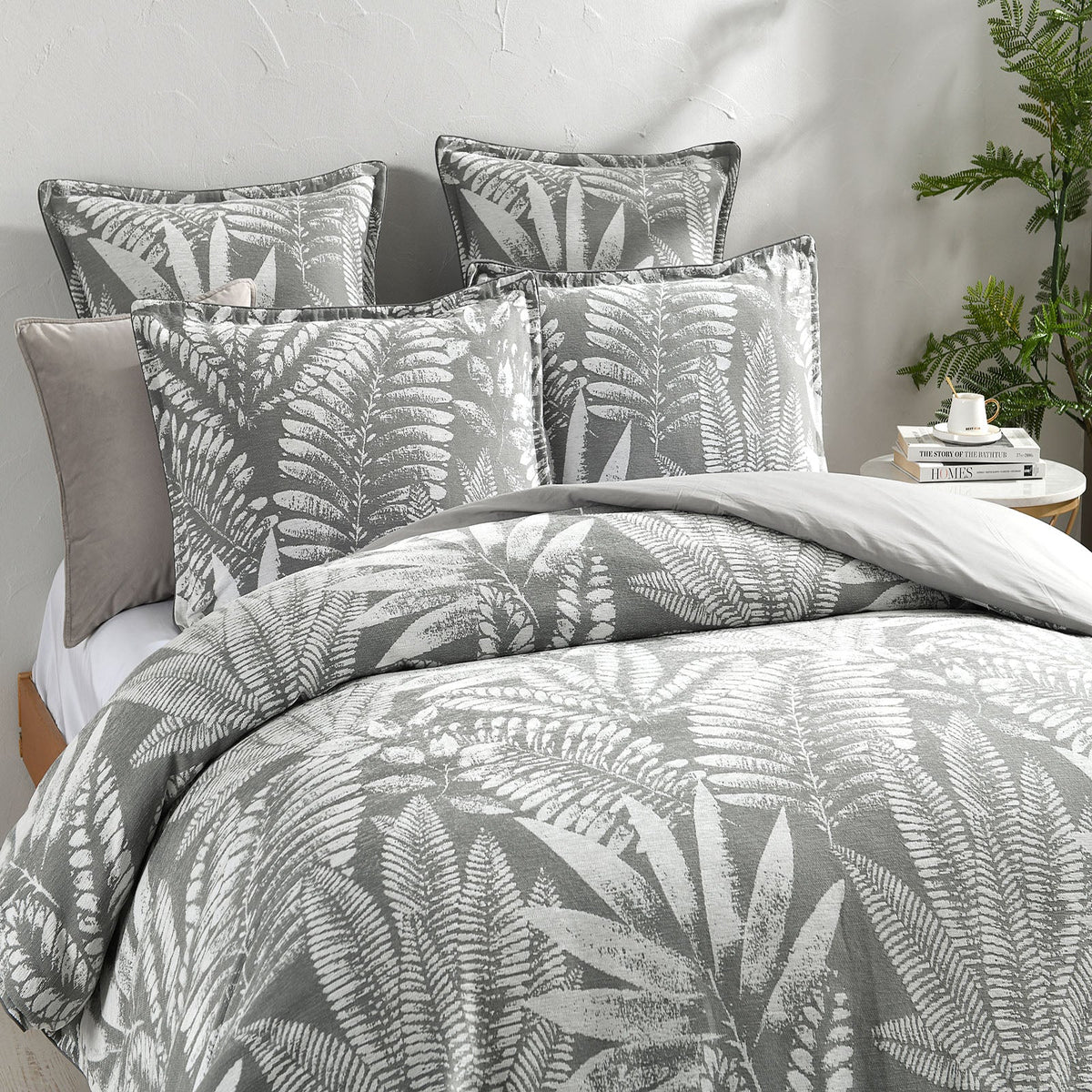 Renee Taylor Raven Tropical Jacquard Quilt Cover Set - Charcoal (OEKO-TEX Certified)