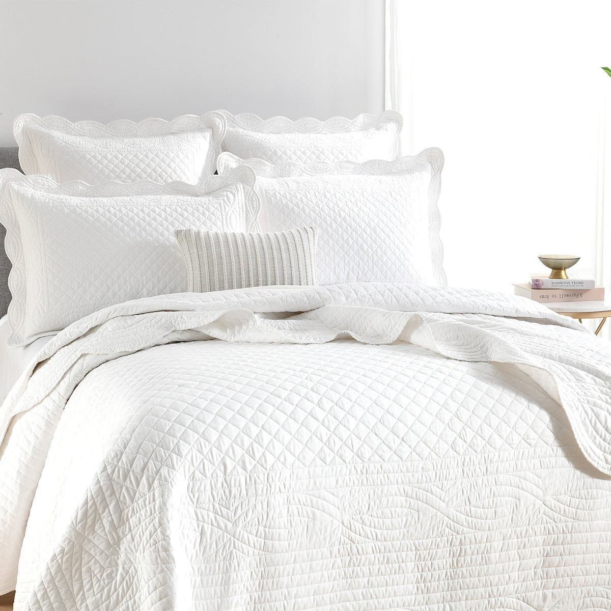 Renee Taylor Scallop Jacquard Coverlet Set - Pearl (OEKO-TEX Certified Bedspread)