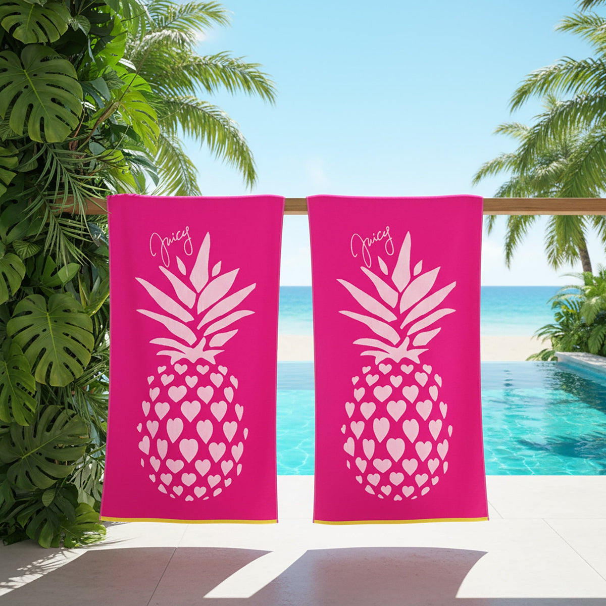 Renee Taylor Hearts Cotton Velour Beach Towel 2 Pack - Pink/White (550 GSM Jacquard, 100 x 180cm)
