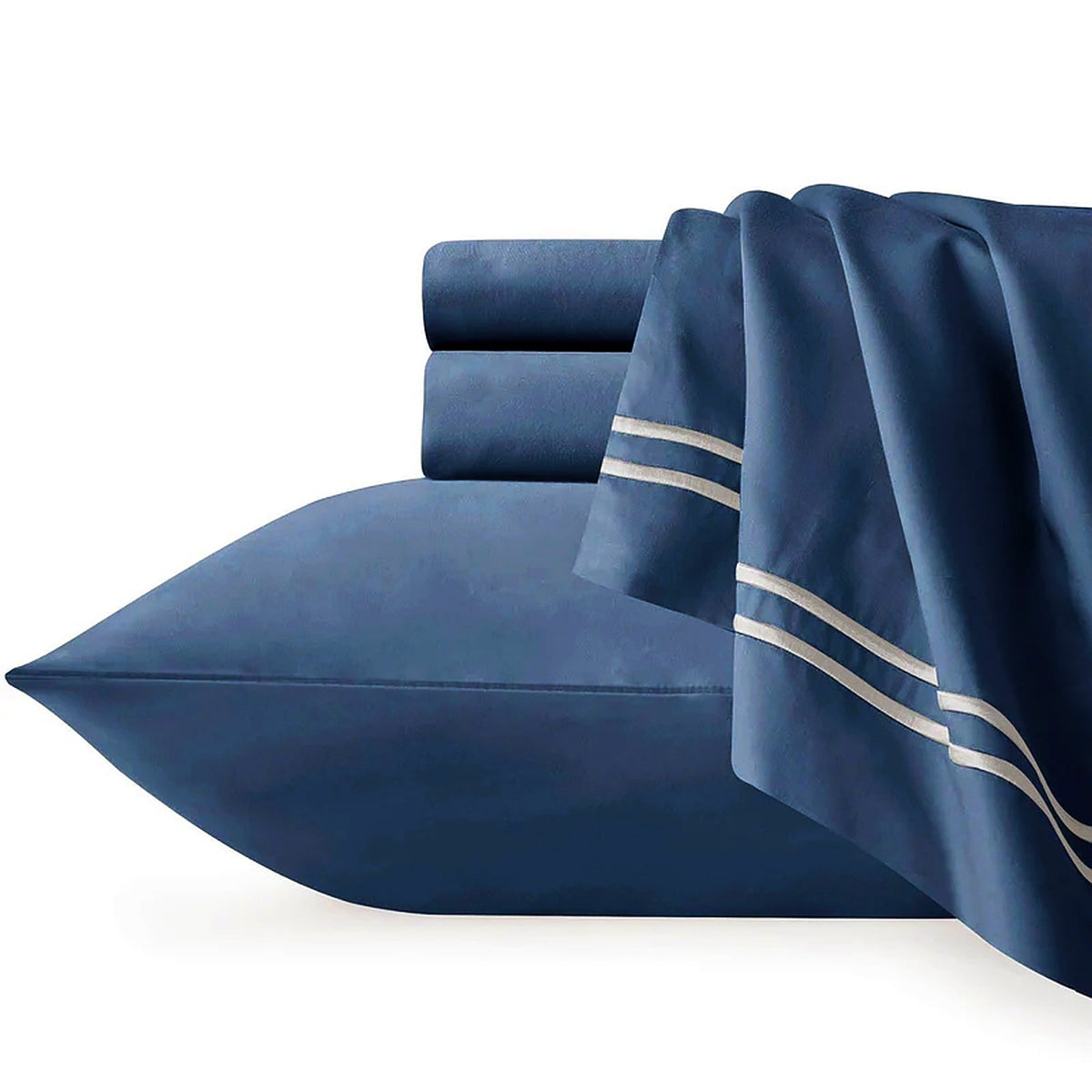 Renee Taylor Strada 1000TC Egyptian Cotton Bed Sheet Set - Indigo (Embroidered Trim)