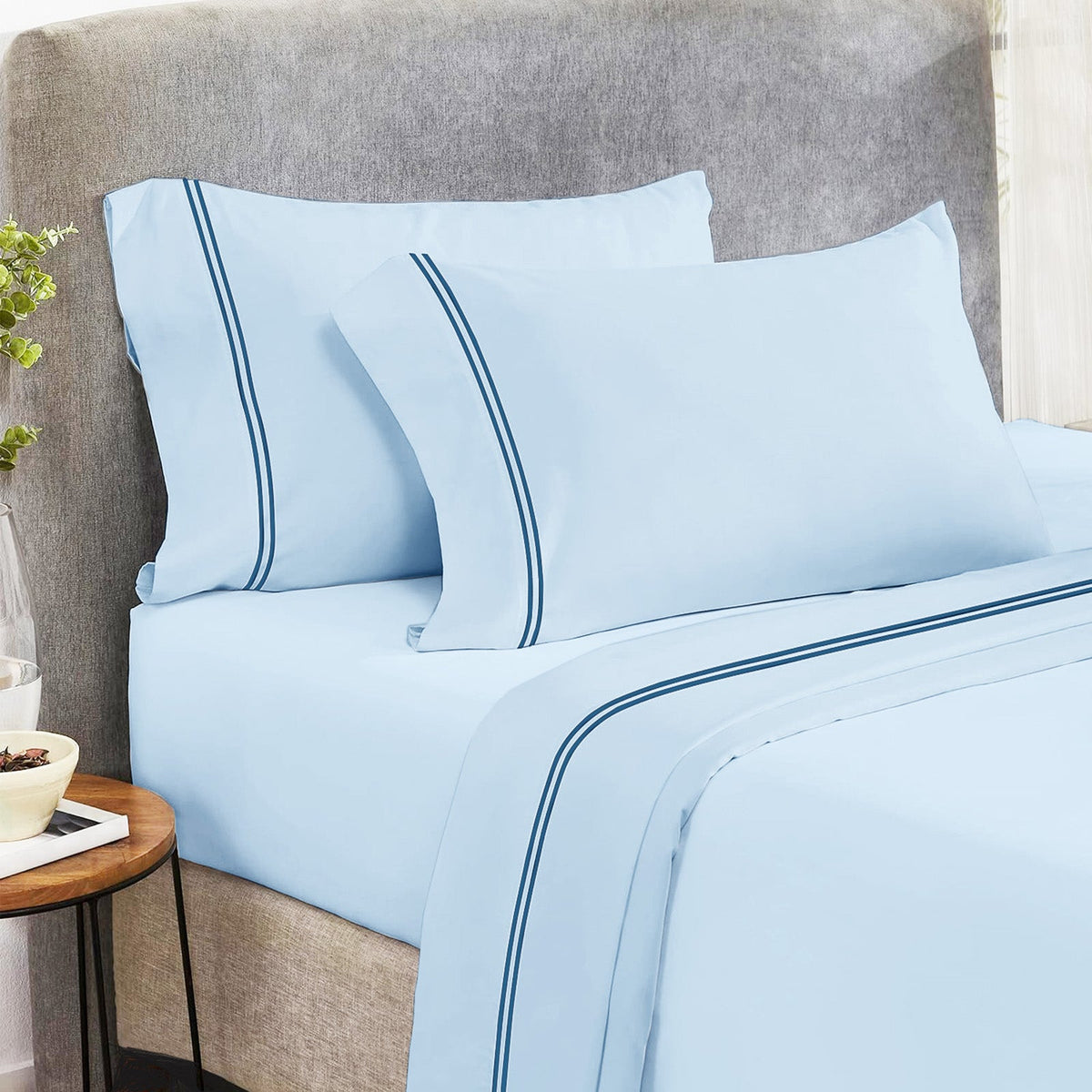 Renee Taylor Strada 1000TC Egyptian Cotton Bed Sheet Set - Sky (Embroidered Trim)