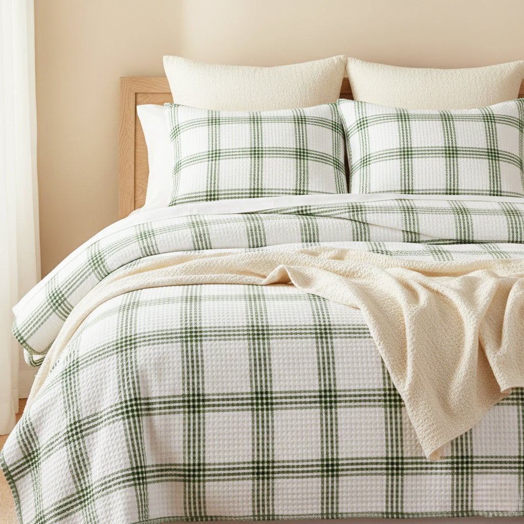 Renee Taylor Elliot Yarn Dyed Cotton Waffle Quilt Cover Set - Sage (OEKO-TEX Certified)