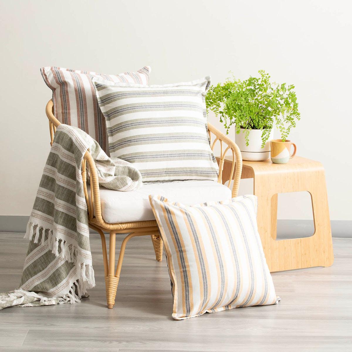 2x Renee Taylor Marina Stripe Stonewashed Yarn Dyed Cushion - Gold (Square Decorative Throw Pillow Twin Pack - 50 x 50cm)