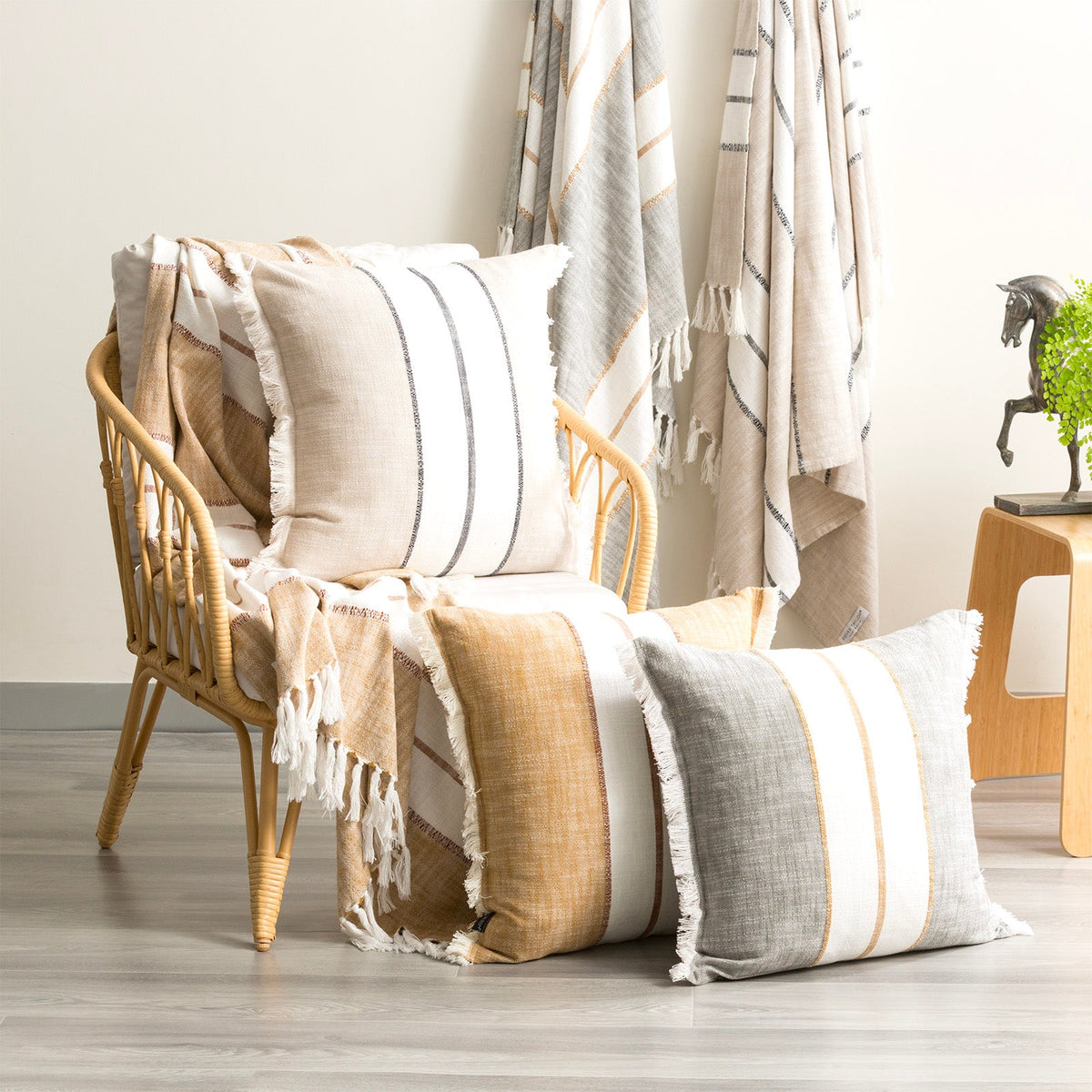Renee Taylor Darcy Stripe Stonewashed Yarn Dyed Cushion - Sage (Square Decorative Throw Pillow - 50 x 50cm)