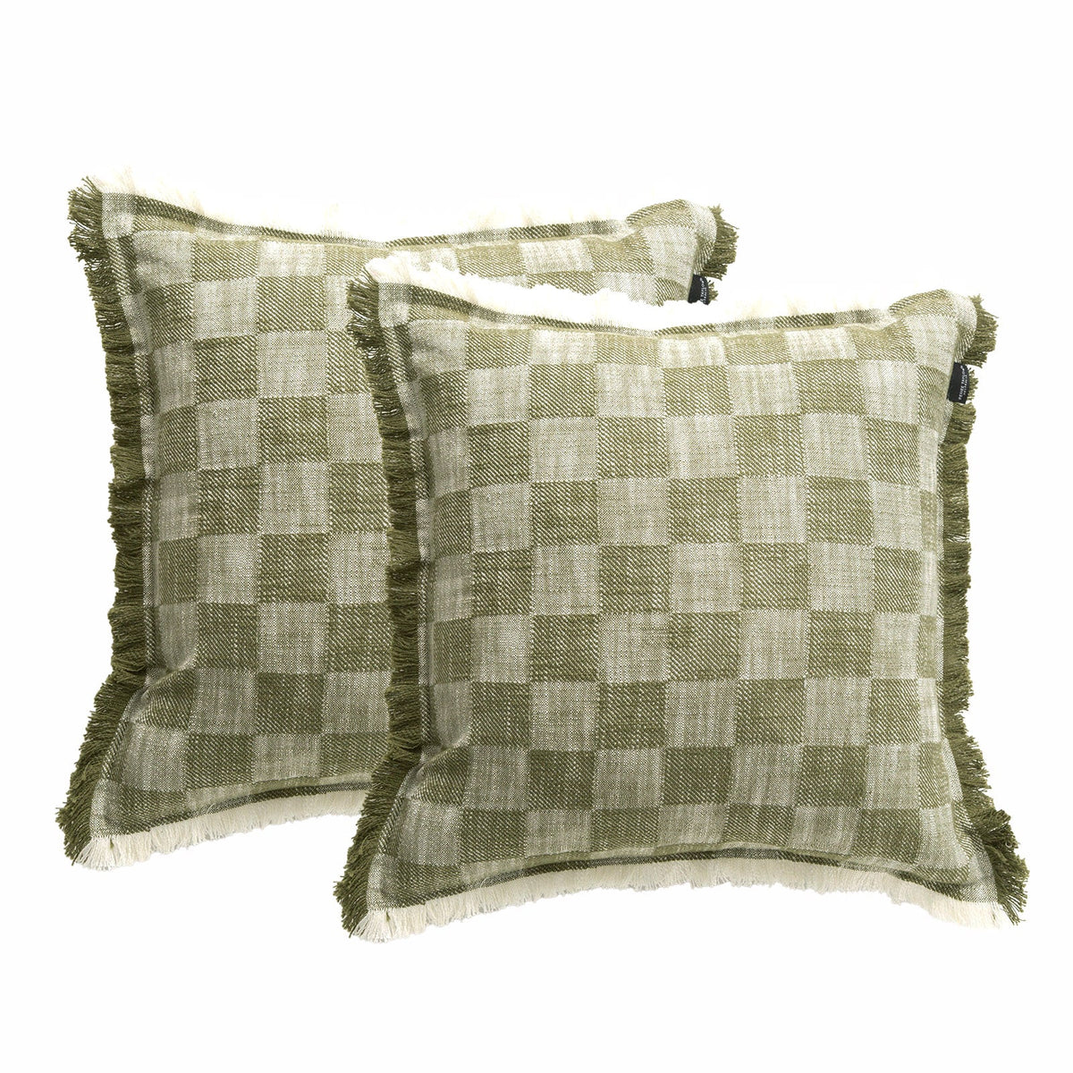2x Renee Taylor Noah Checkered Stonewashed Cotton Cushion - Jade (Square Decorative Throw Pillow Twin Pack - 50 x 50cm)