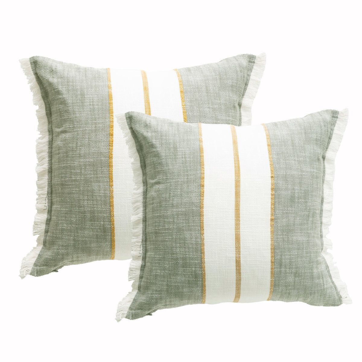 2x Renee Taylor Darcy Stripe Stonewashed Yarn Dyed Cushion - Sage (Square Decorative Throw Pillow Twin Pack - 50 x 50cm)