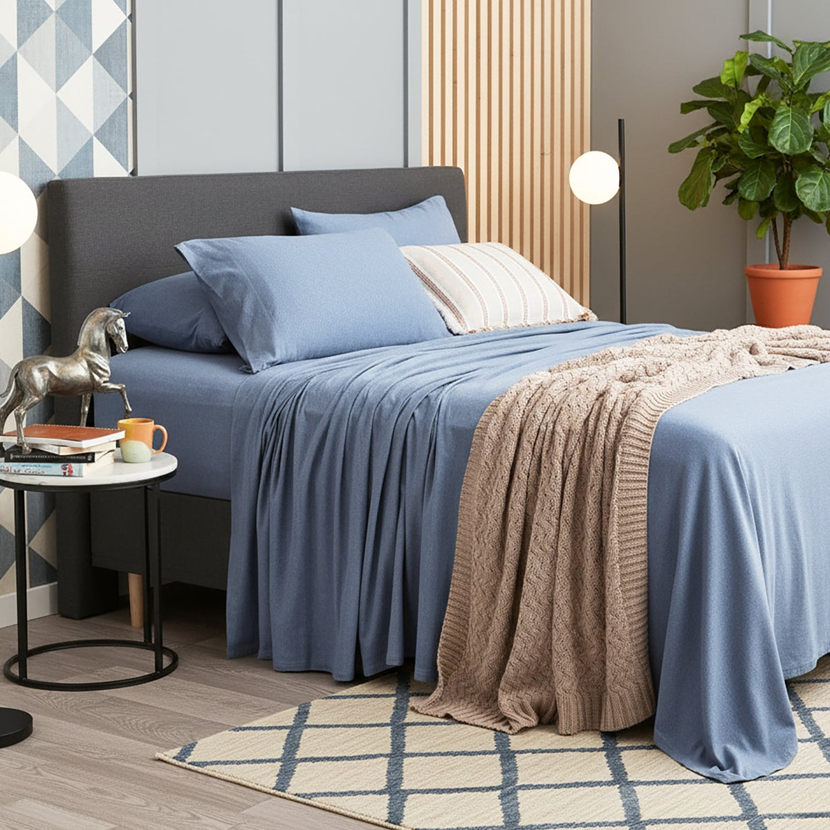 Renee Taylor Comfort T's Organic Cotton Jersey Bed Sheet Set - Ink (OEKO-TEX Certified)
