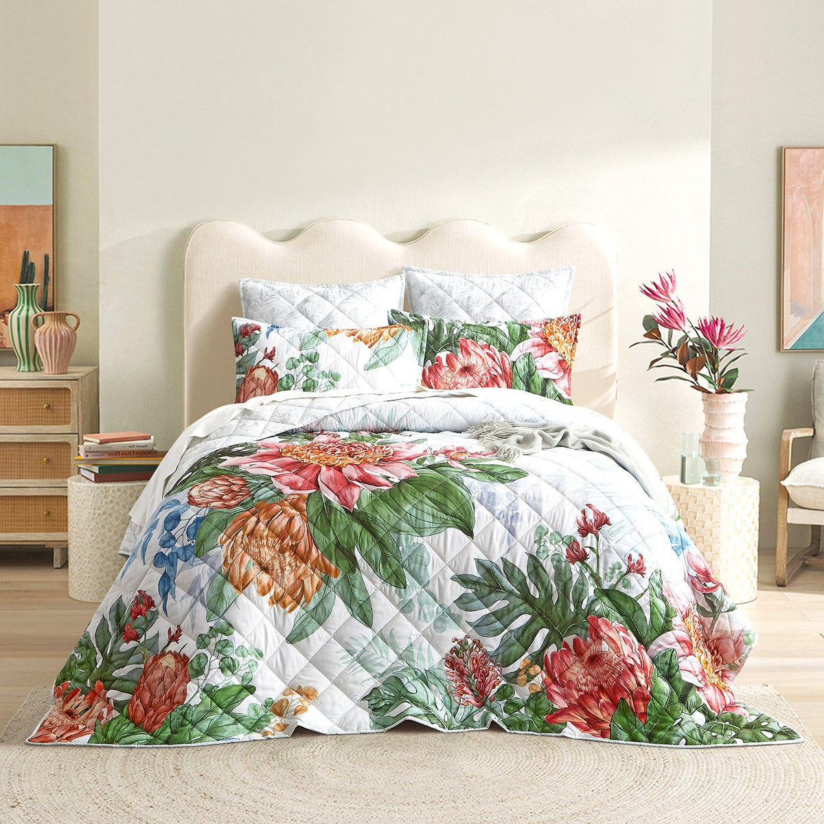 Renee Taylor Florence Quilted Reversible Coverlet Set - Multicoloured (Botanical Floral Print Bedspread)