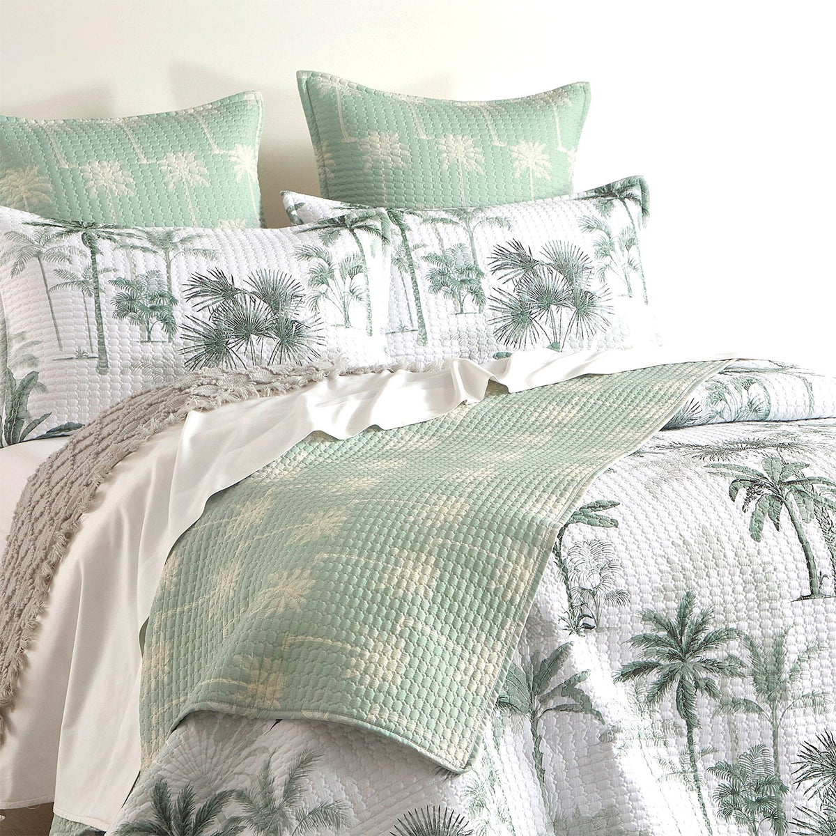 Renee Taylor Marbella Quilted Reversible Coverlet Set - Green/White (Palm Print Bedspread)