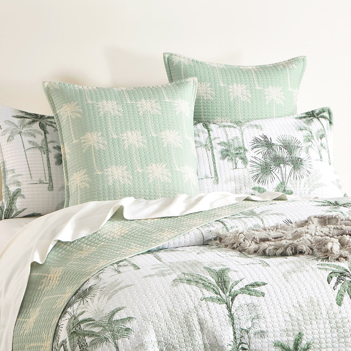 Renee Taylor Marbella Quilted Reversible Coverlet Set - Green/White (Palm Print Bedspread)