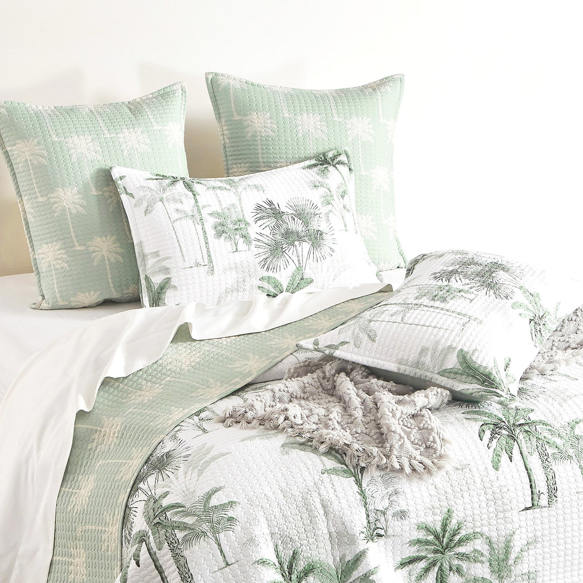 Renee Taylor Marbella Quilted Reversible Coverlet Set - Green/White (Palm Print Bedspread)