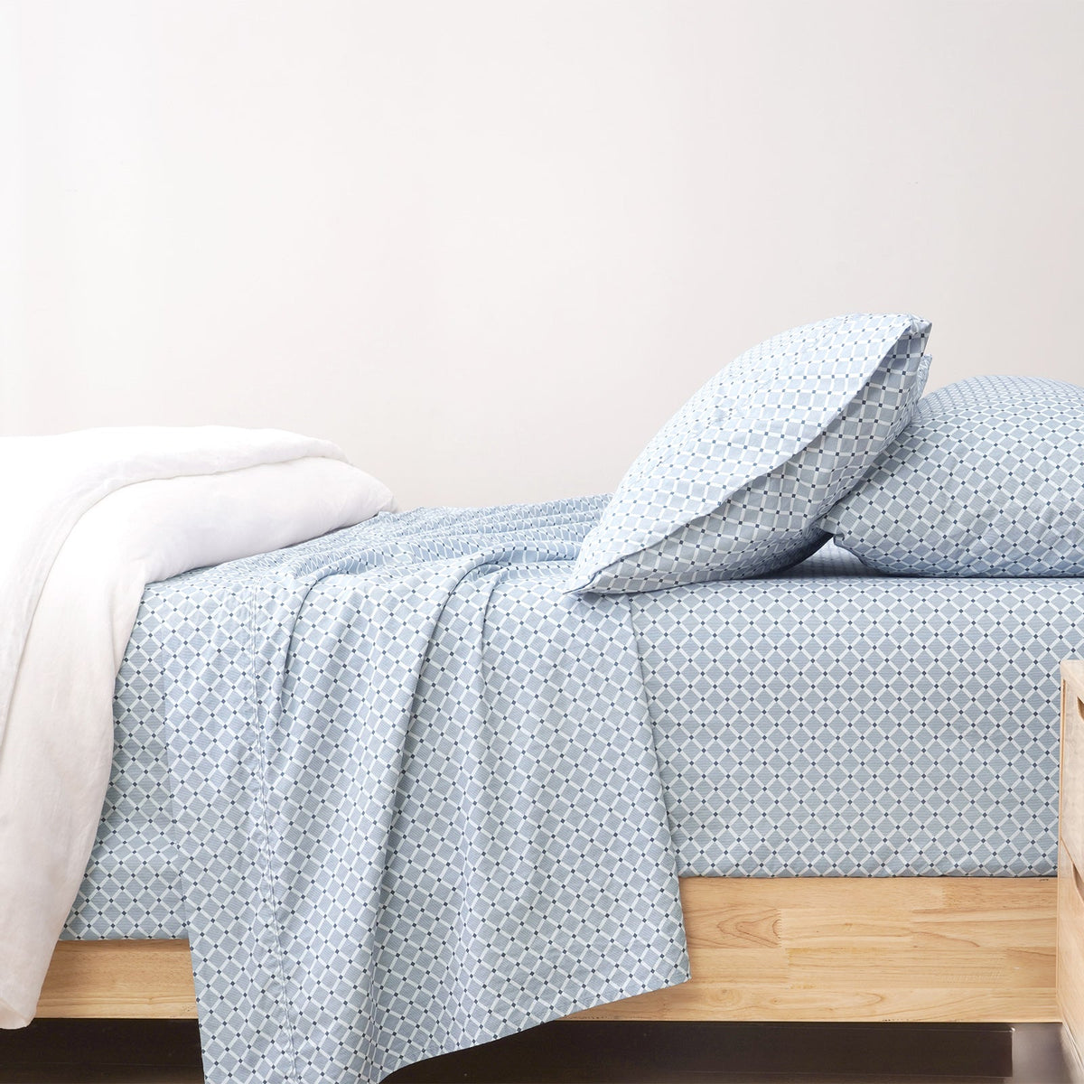 Renee Taylor Kiki 250TC Cotton Percale Sheet Set - Blue Mini Check (OEKO-TEX Certified)
