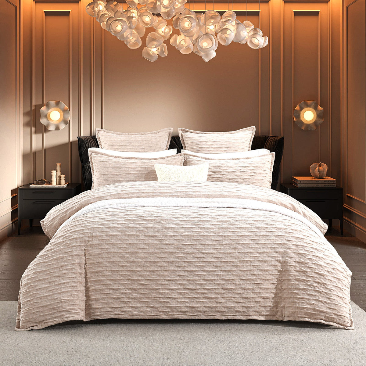 Renee Taylor Marley Crinkle Jacquard Quilt Cover Set - Champagne (OEKO-TEX Certified)
