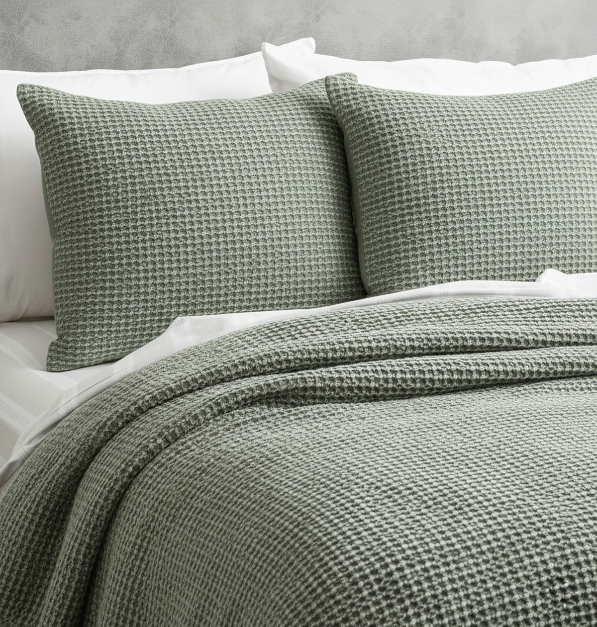 Cloud Linen Boronia Stonewashed Cotton Waffle Comforter Set - Moss (OEKO-TEX Certified)