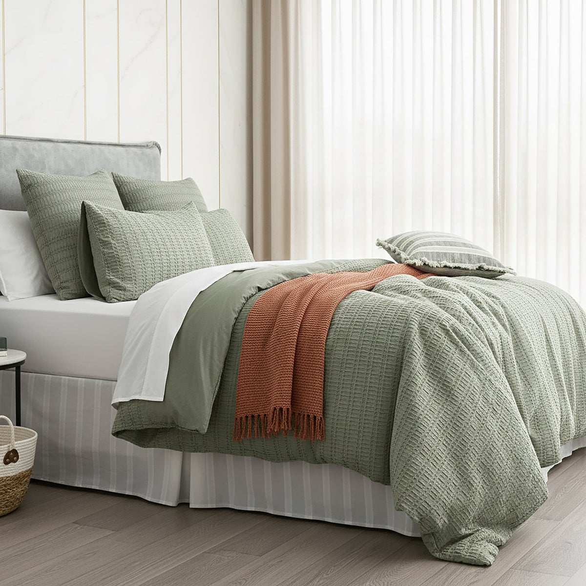 Cloud Linen Celeste Seersucker Cotton Waffle Quilt Cover Set - Sage (OEKO-TEX Certified)
