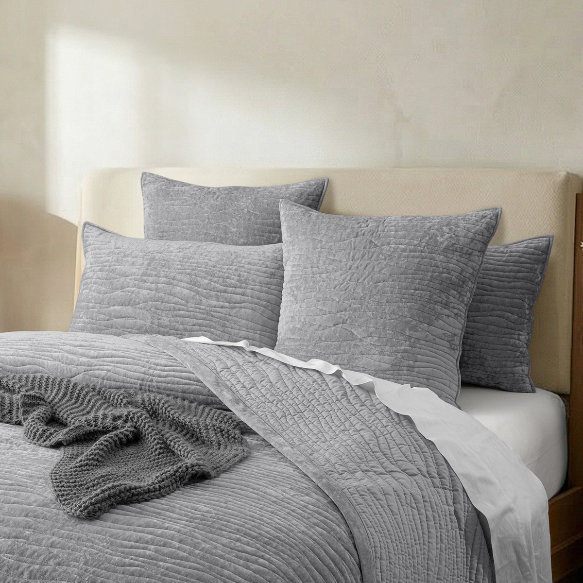 Renee Taylor Blake Velvet Coverlet Set - Silver Line (Bedspread with Cotton Reverse)