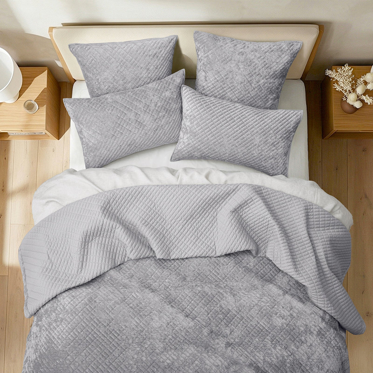 Renee Taylor Archie Cross Stitch Velvet Coverlet Set - Silver Line (Bedspread with Cotton Reverse)