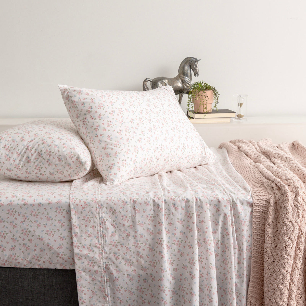 Renee Taylor Ditsy 300TC Organic Cotton Sheet Set - Pink Mini Leaf Print (GOTS Certified)