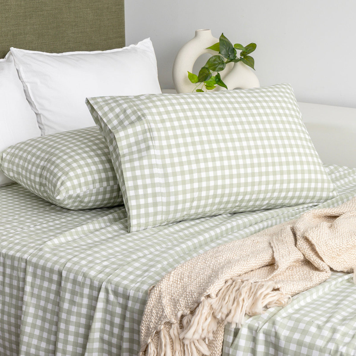 Renee Taylor Stewart 300TC Organic Cotton Sheet Set - Sage Gingham (GOTS Certified)