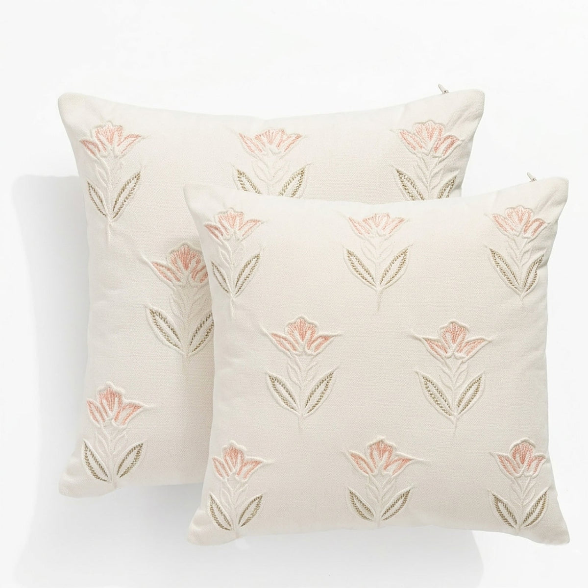 2x Renee Taylor Avani Cotton Cushion - Blush Floral (Square Decorative Throw Pillow Twin Pack - 50 x 50cm)