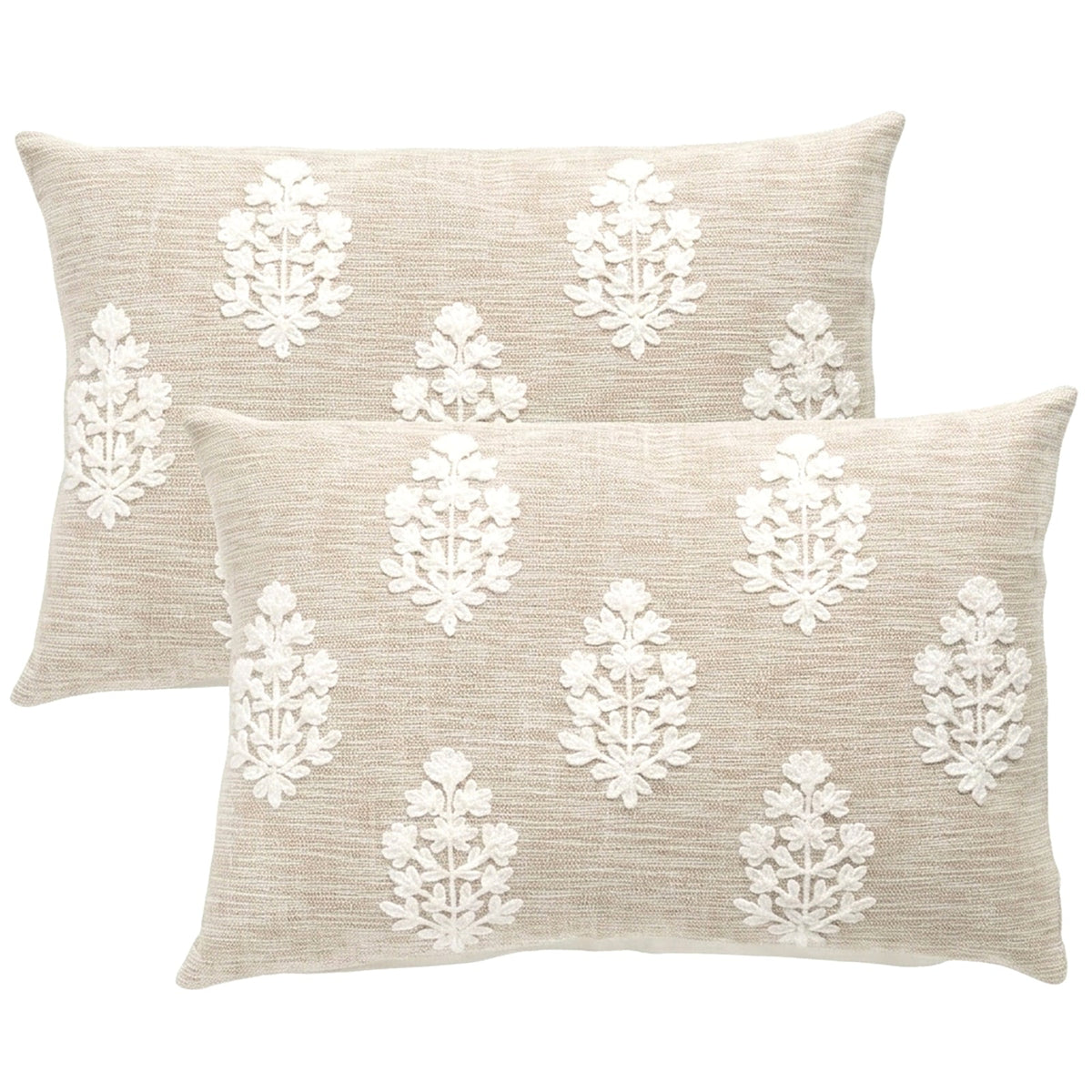 2x Renee Taylor Mirabella Cotton Cushion - Natural Embroidered (Rectangle Decorative Throw Pillow Twin Pack - 35 x 50cm)