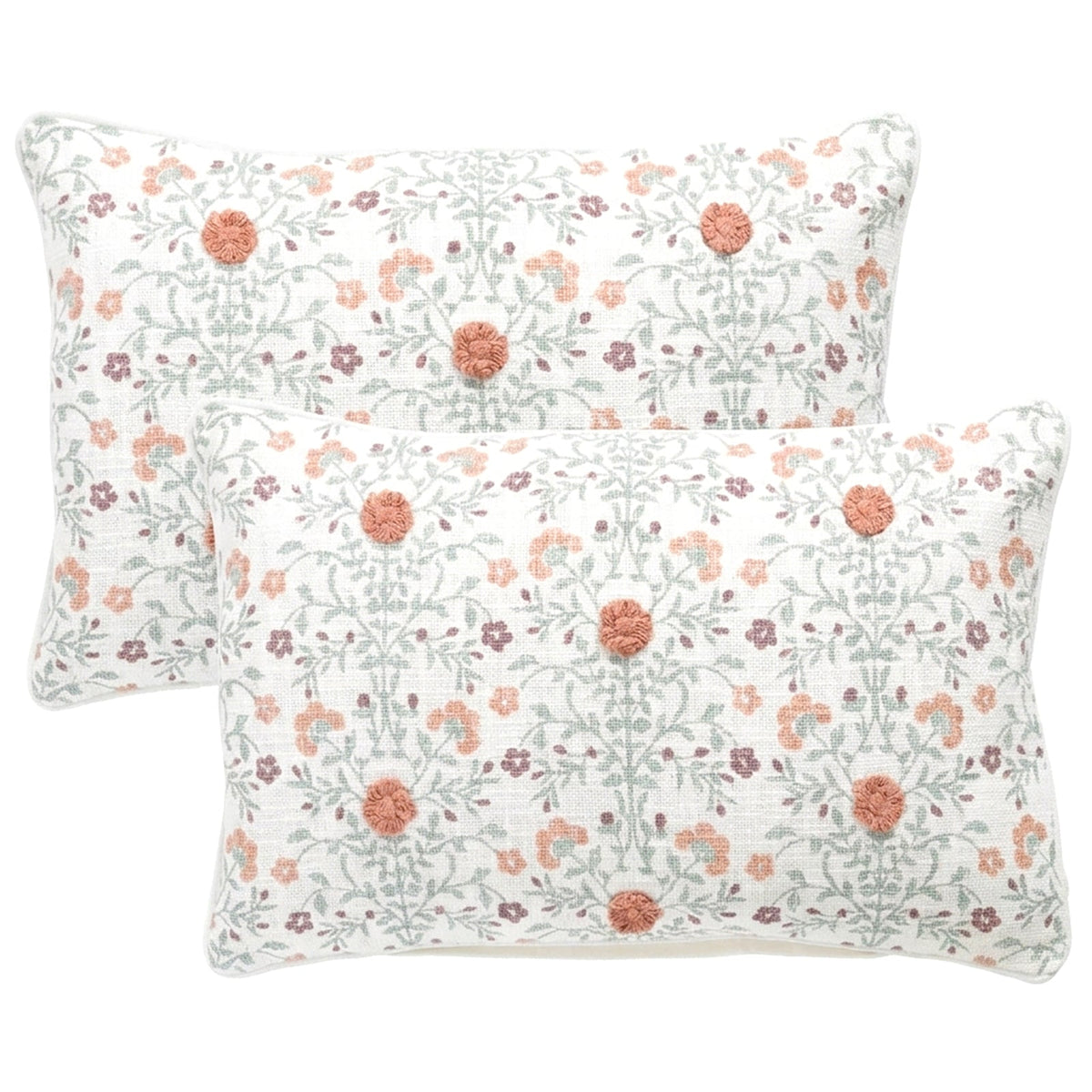 2x Renee Taylor Riva Cotton Cushion - Botanical Print (Rectangle Decorative Throw Pillow Twin Pack - 35 x 60cm)