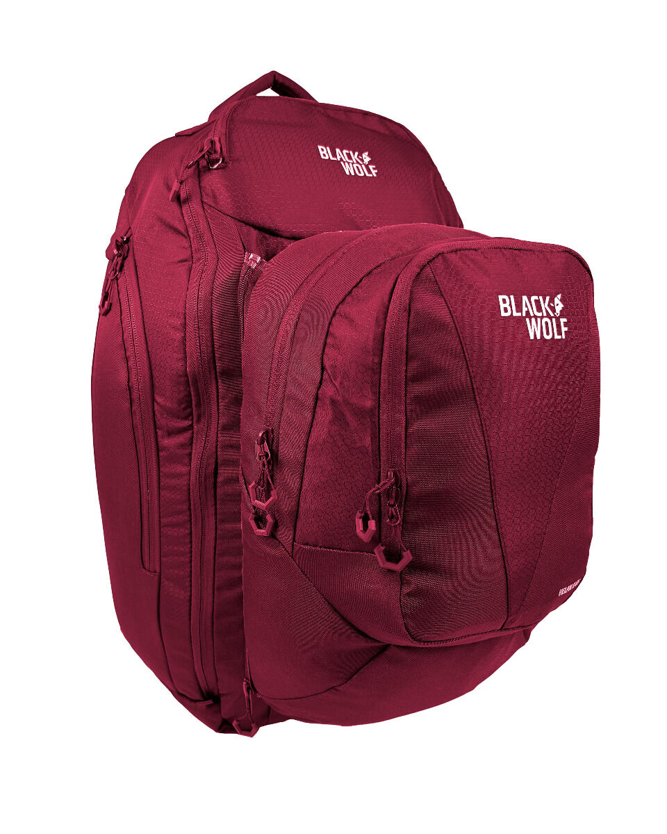 BlackWolf Helan II 65L Travel Backpack + 20L Detachable Daypack RFID Laptop Sleeve Rain Cover in Tibetan Red